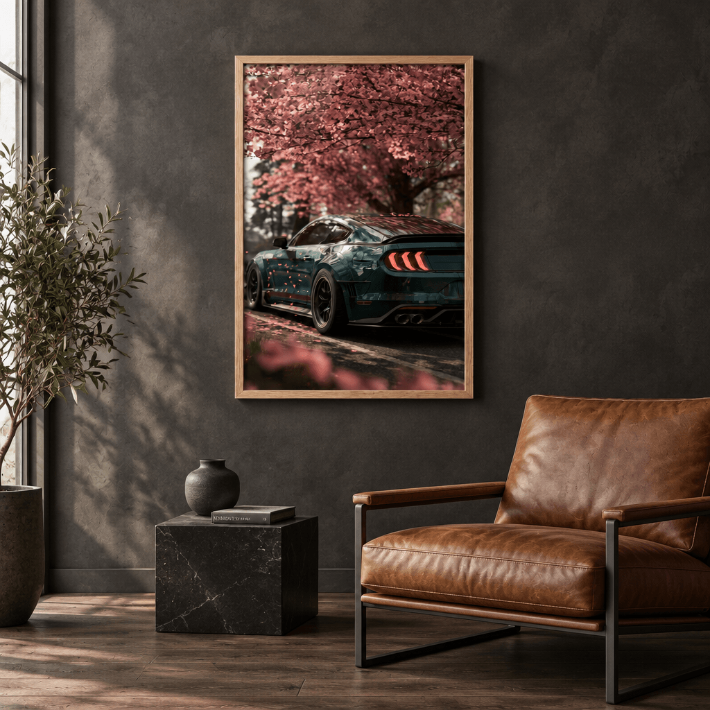 Oak framed canvas wall art of a modern sports car under pink cherry blossoms, hung in a moody interior beside a brown leather armchair.