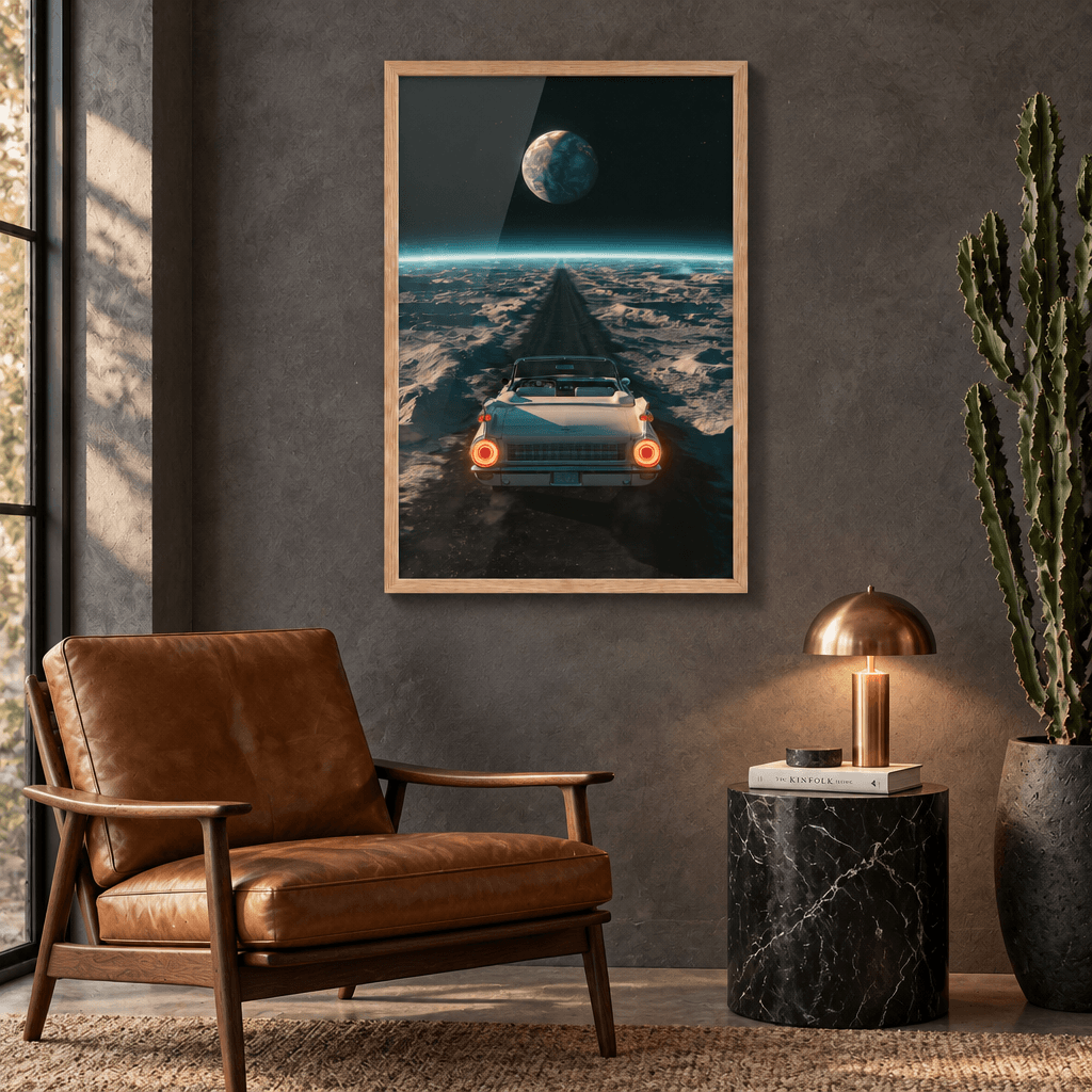 Vintage car on a lunar landscape framed oak canvas print hanging in a stylish modern lounge room above a mid-century leather armchair.