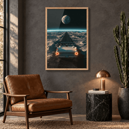 Vintage car on a lunar landscape framed oak canvas print hanging in a stylish modern lounge room above a mid-century leather armchair.