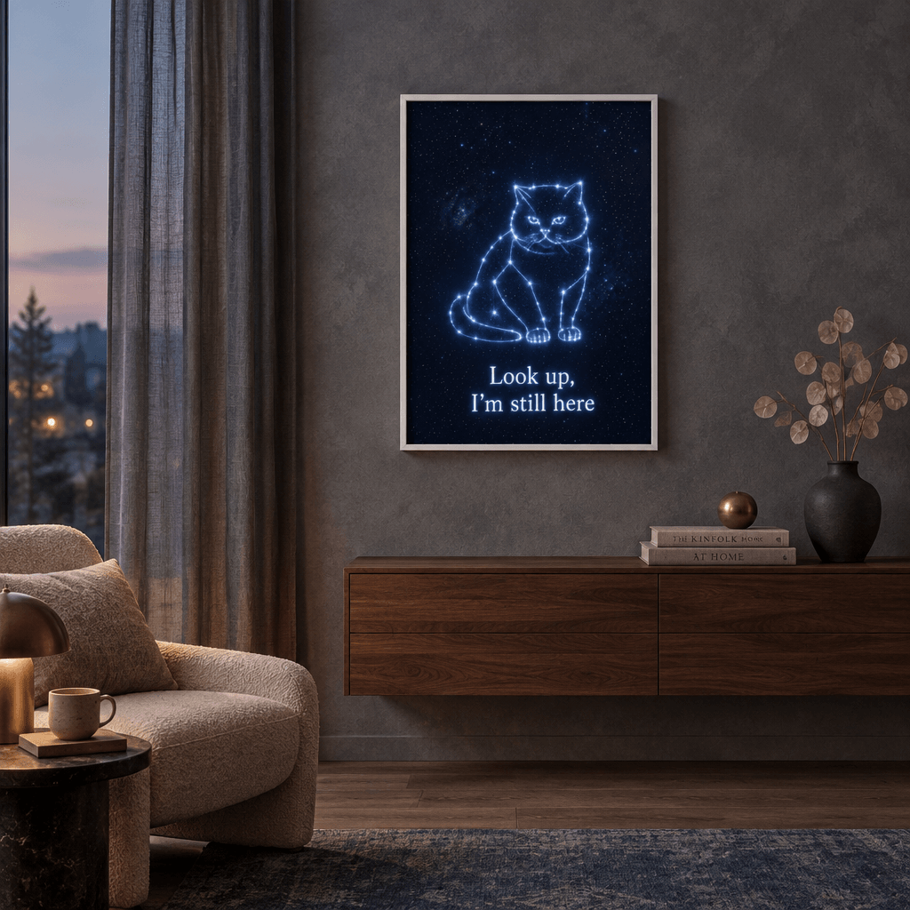 Pet memorial cat constellation canvas wall art in a modern white frame, displayed in an elegant living room setting above a wood floating credenza.