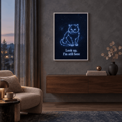 Pet memorial cat constellation canvas wall art in a modern white frame, displayed in an elegant living room setting above a wood floating credenza.