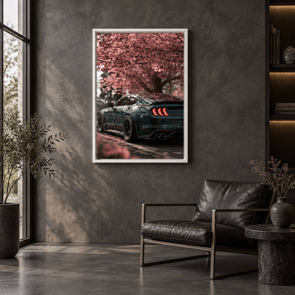 Modern framed canvas print of a sports car parked beneath pink cherry blossom trees, styled in a sleek dark interior with leather armchair.