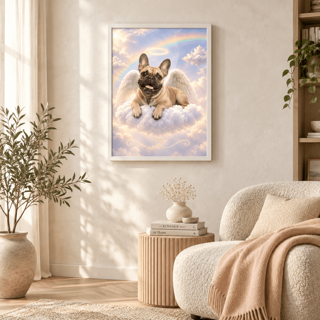 French Bulldog angel pet memorial framed canvas print displayed in an elegant, sunlit modern living room mockup.