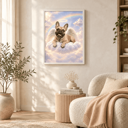 French Bulldog angel pet memorial framed canvas print displayed in an elegant, sunlit modern living room mockup.