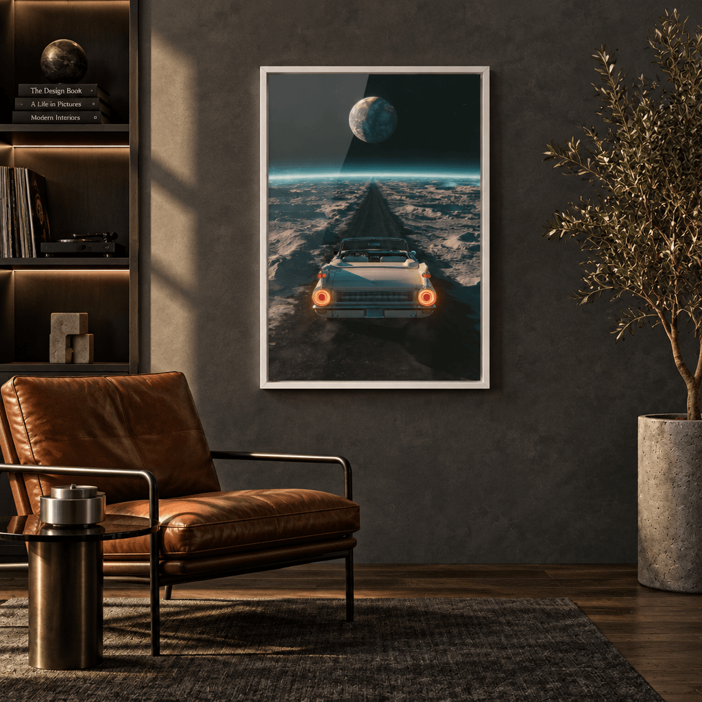 White framed canvas print of a retro vintage convertible driving through a surreal lunar cosmic landscape hung in a modern living room beside a leather armchair.