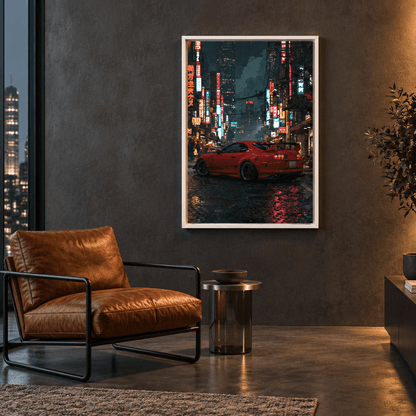 Red sports car night city print in gold frame in study