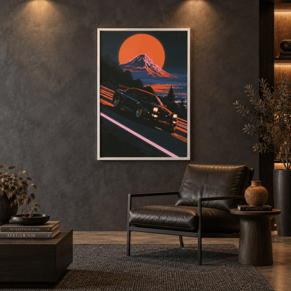 Retro Japanese drift sports car canvas print in a modern white frame hung in a stylish moody living room with black leather armchair.