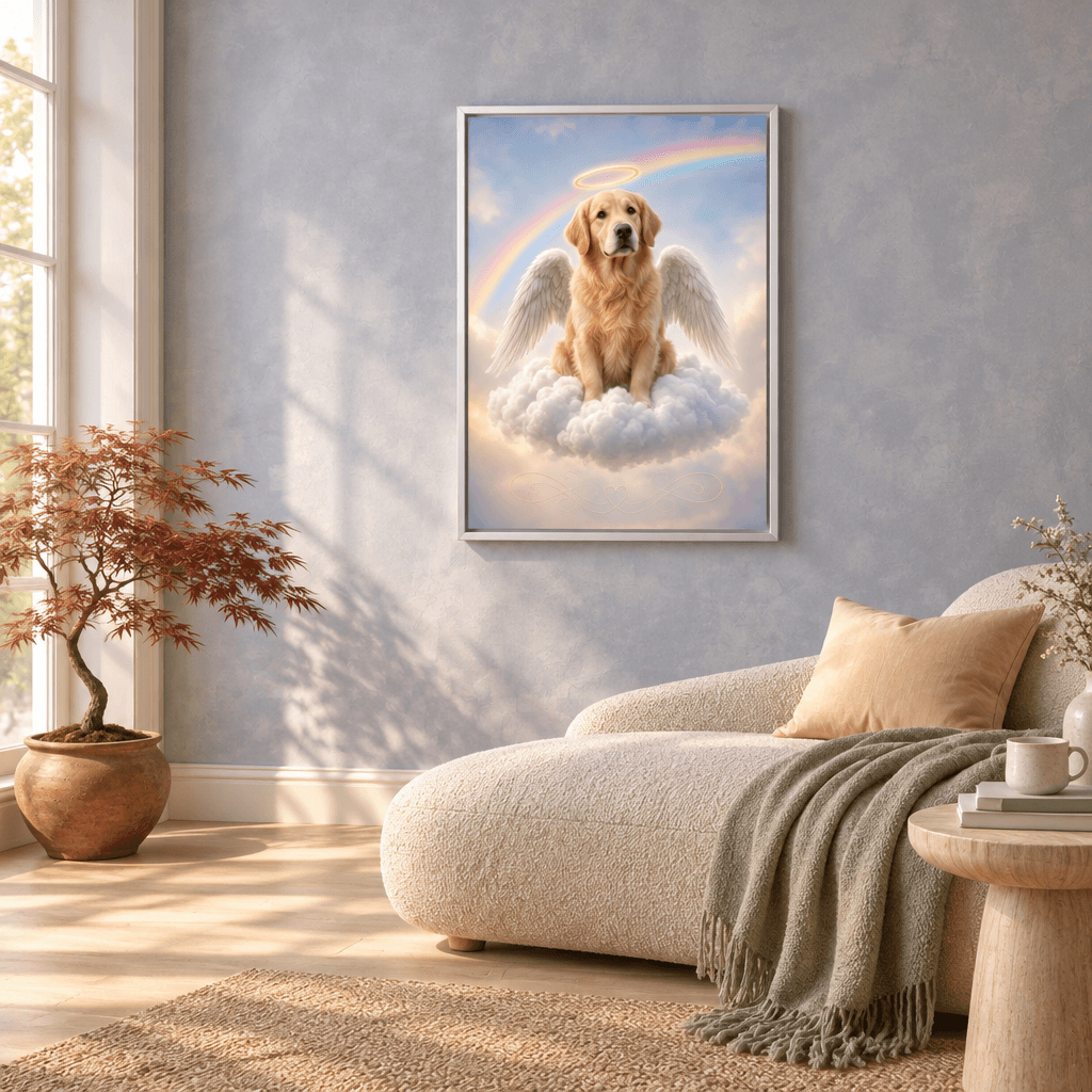 Custom pet memorial angel golden retriever framed canvas print in white frame hung in a bright aesthetic living room mockup.
