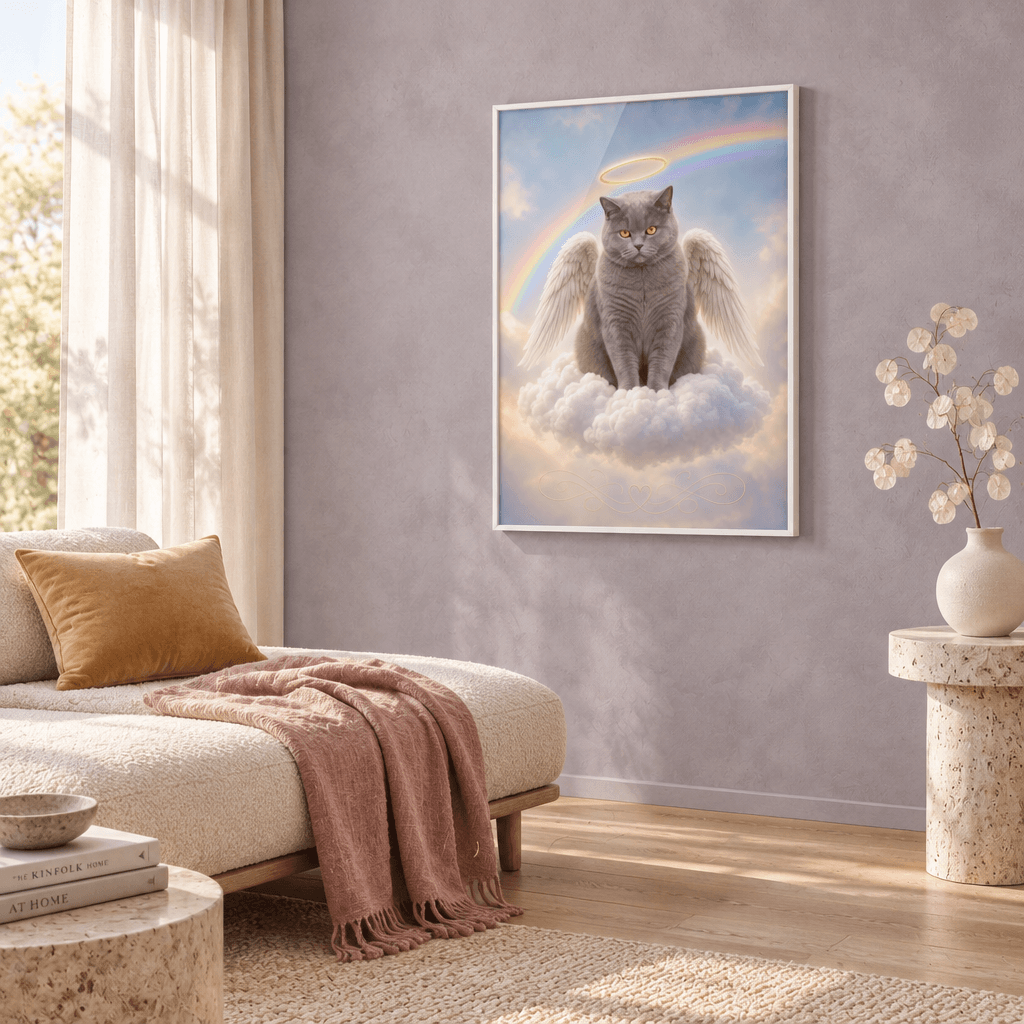 Angel cat memorial canvas wall art with wings and halo hanging in a bright modern living room mockup.