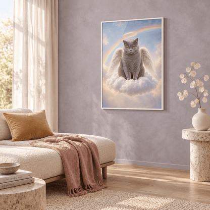Angel cat memorial canvas wall art with wings and halo hanging in a bright modern living room mockup.