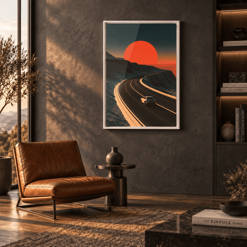 White framed canvas print hung in a modern living room featuring a vintage sports car driving toward a giant red sun on a mountain highway.