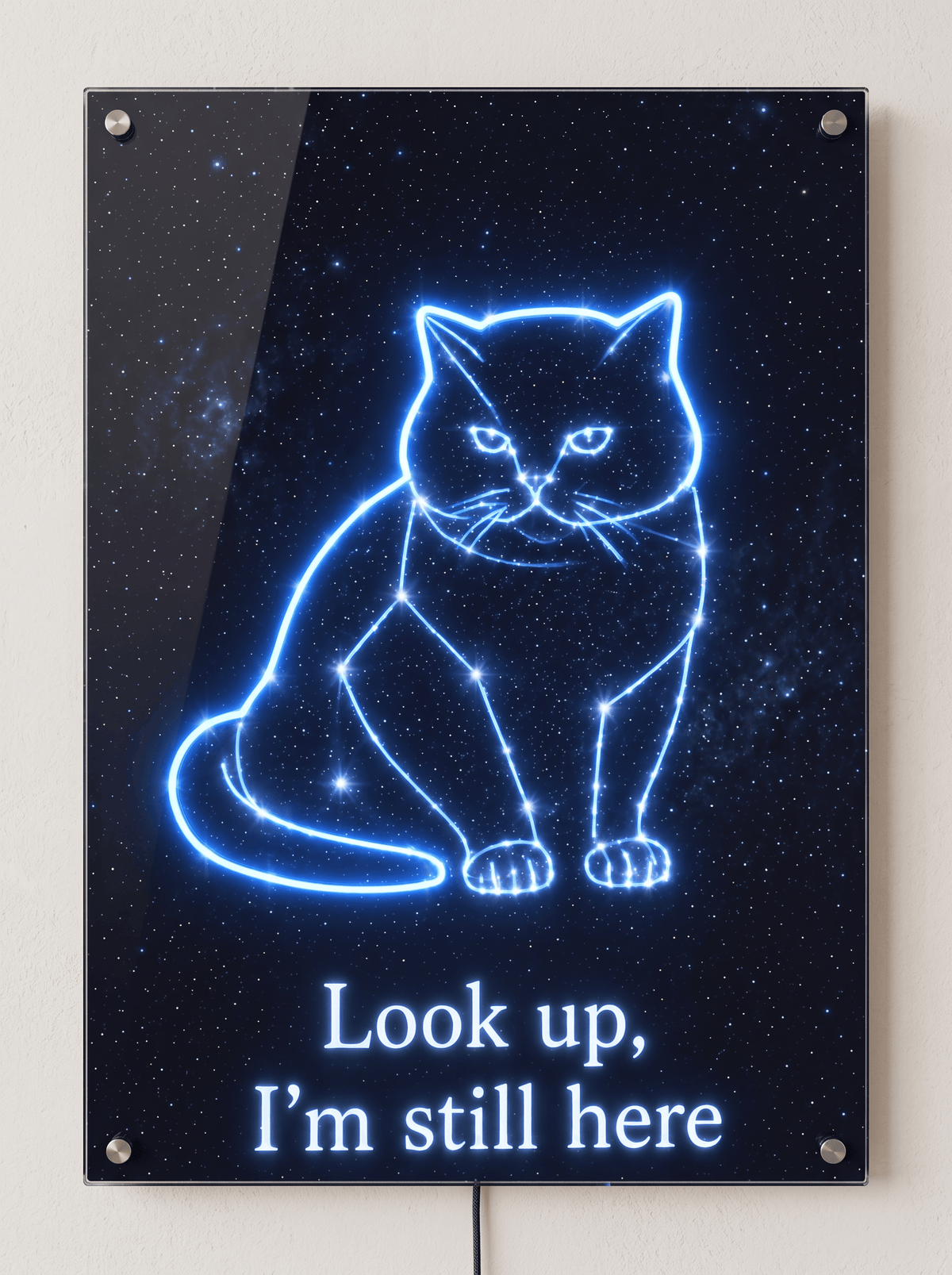 Glowing celestial cat constellation LED neon memorial sign on acrylic panel with night sky and message Look up, I'm still here.