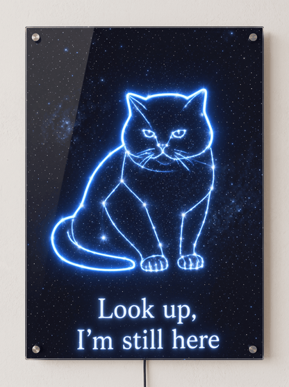 Glowing celestial cat constellation LED neon memorial sign on acrylic panel with night sky and message Look up, I'm still here.