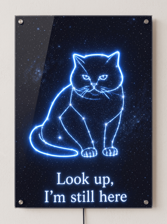 Glowing celestial cat constellation LED neon memorial sign on acrylic panel with night sky and message Look up, I'm still here.