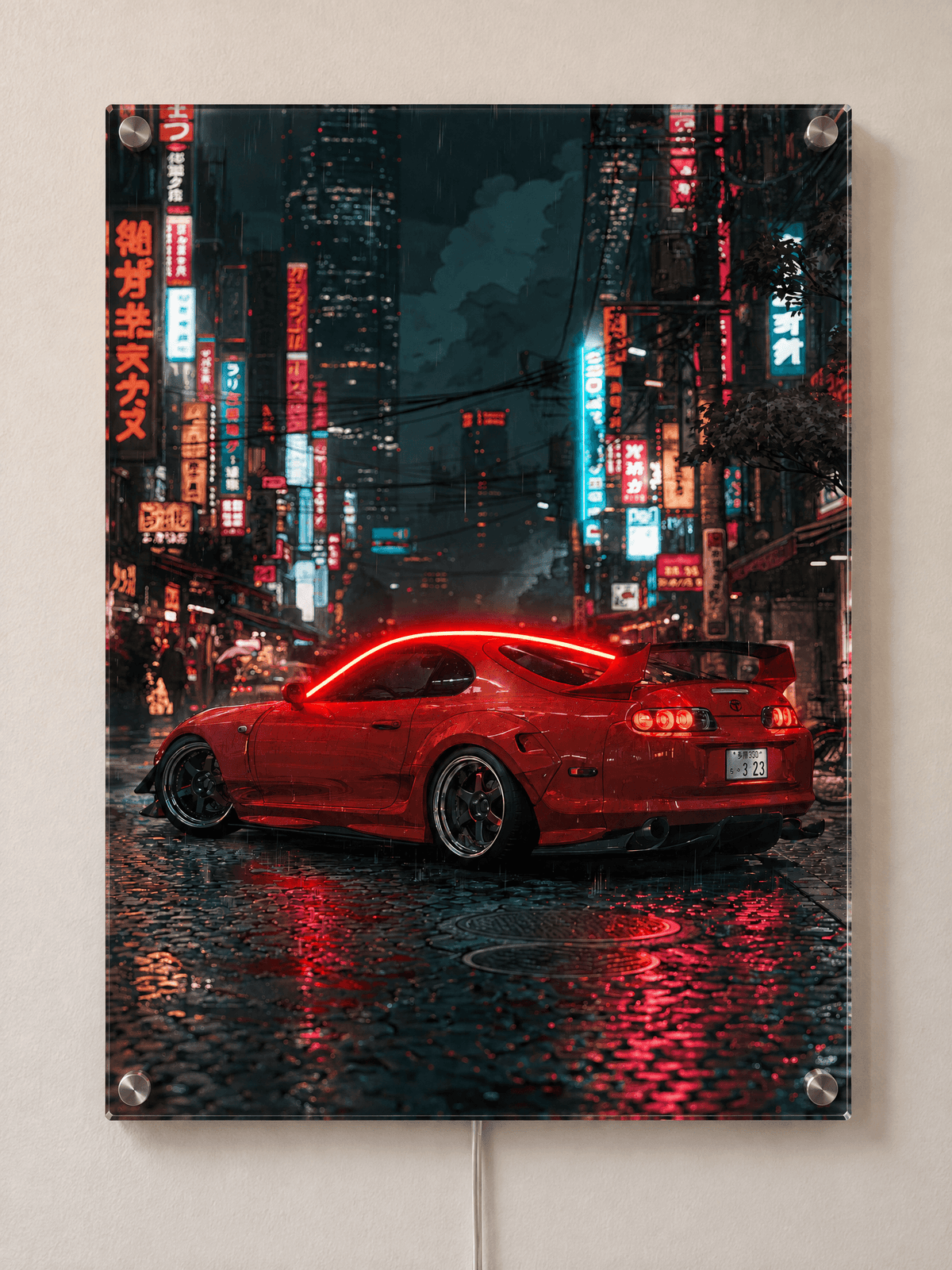 Red sports car night city acrylic wall art above desk