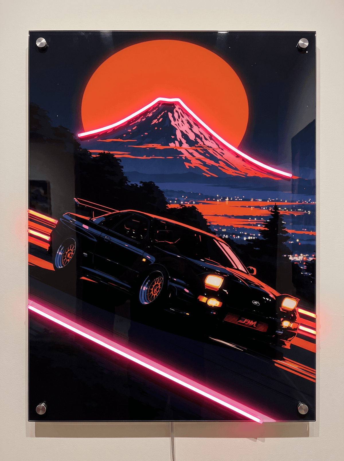 Glowing LED neon acrylic wall art featuring a retro sports car drifting down a mountain pass with illuminated Mount Fuji and neon light accents.