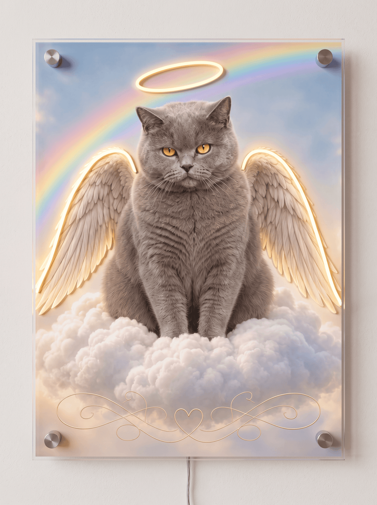 Custom pet memorial LED neon acrylic sign showing a grey cat angel with glowing wings and halo on clouds with rainbow.
