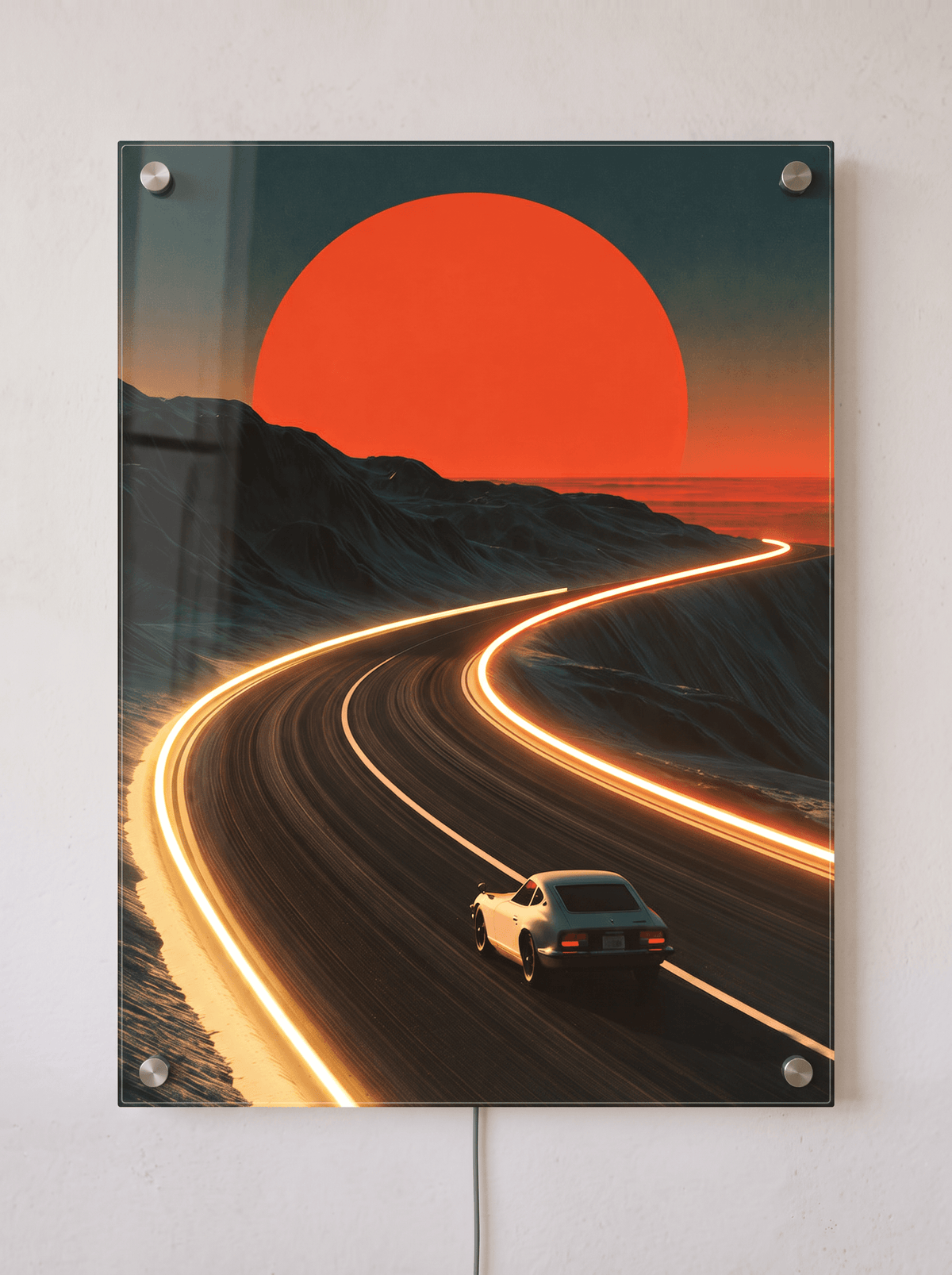 Illuminated LED neon acrylic wall art featuring a retro sports car speeding along a winding highway under a massive glowing red sun.