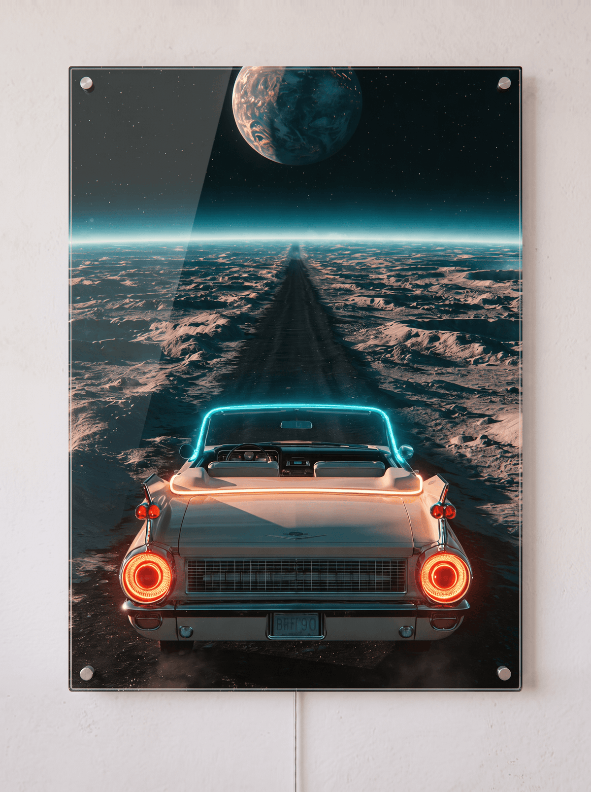 Vintage convertible cruising on the moon with planet view, UV-printed acrylic LED neon wall art mounted on wall.