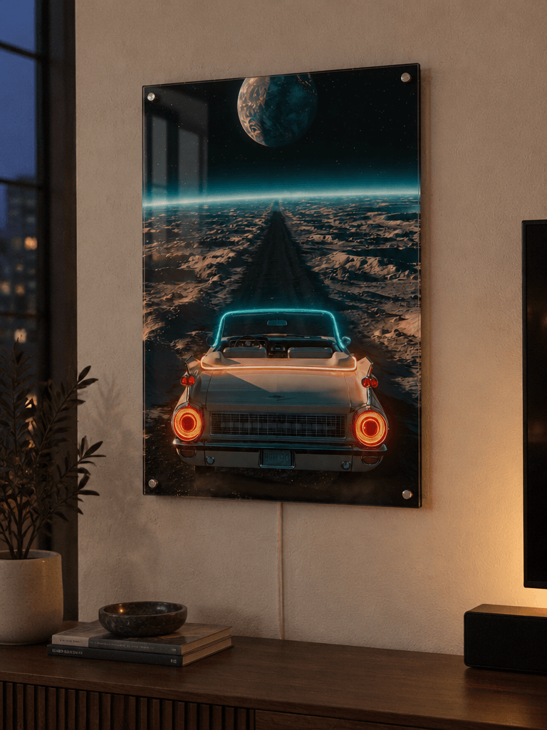 Glowing LED neon acrylic wall art of a vintage convertible driving on a cosmic highway into space, mounted above a wooden console in a modern living room.