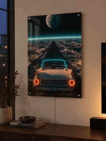 Glowing LED neon acrylic wall art of a vintage convertible driving on a cosmic highway into space, mounted above a wooden console in a modern living room.