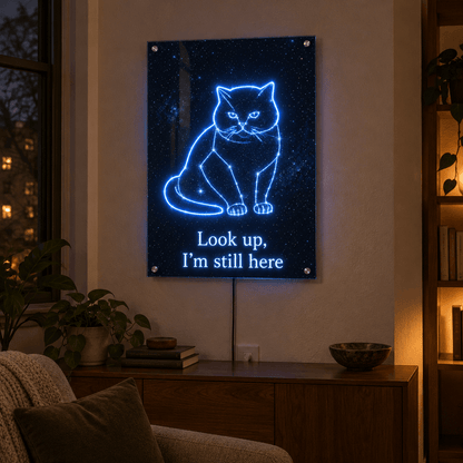 Glowing blue cat constellation LED neon sign hung in a living room, pet memorial wall art with text reading Look up, I'm still here.