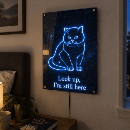 Glowing celestial cat memorial acrylic LED neon sign on a cozy bedroom wall with text Look up, I'm still here.