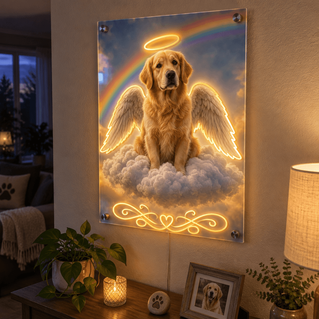 Custom pet memorial LED neon acrylic sign of a golden retriever angel with glowing halo and wings mounted on a cozy living room wall.