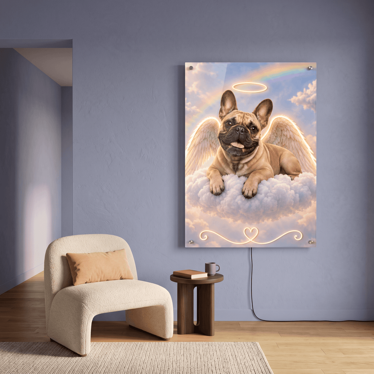 Custom pet memorial LED neon acrylic sign of an angel French bulldog with glowing wings and halo hung in a modern living room interior.