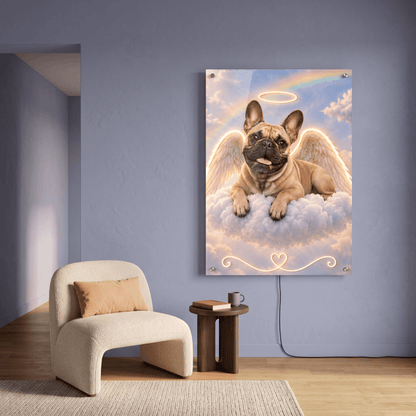 Custom pet memorial LED neon acrylic sign of an angel French bulldog with glowing wings and halo hung in a modern living room interior.