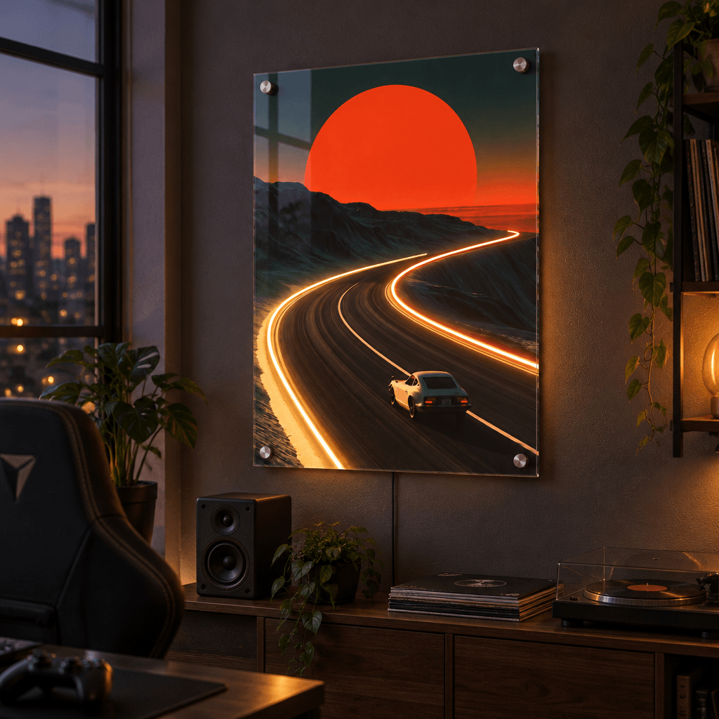 Glowing LED neon acrylic wall art of a vintage sports car driving toward a giant sunset on a winding highway, mounted in a dark moody room.