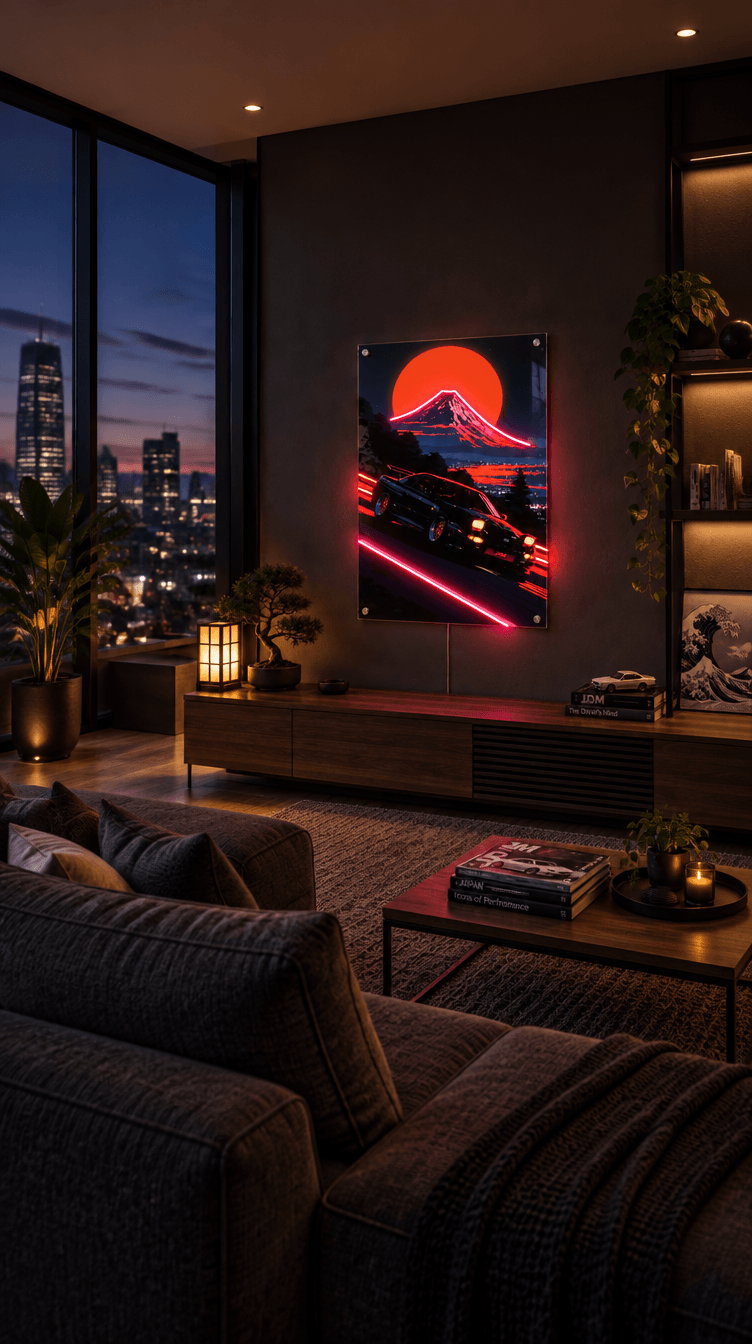 Glowing LED neon acrylic wall art of a JDM sports car drifting at night past Mount Fuji and a red rising sun, displayed in a modern luxury dark living room.