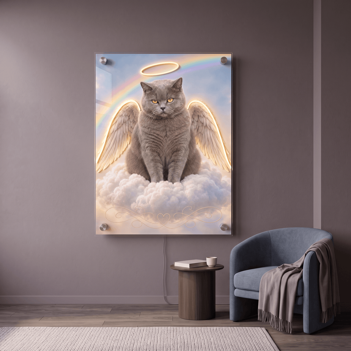 Glowing angel cat LED neon acrylic wall art displayed in a modern room above an armchair, custom pet memorial sign.