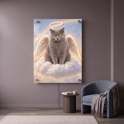 Glowing angel cat LED neon acrylic wall art displayed in a modern room above an armchair, custom pet memorial sign.