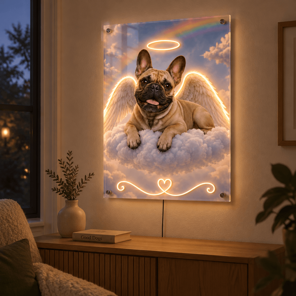 Custom French Bulldog angel memorial LED neon acrylic sign glowing on a living room wall above a wooden sideboard.