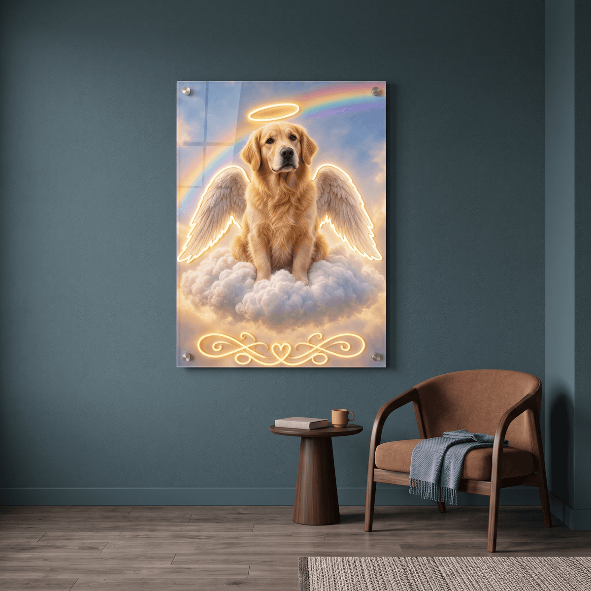 Custom LED neon pet memorial sign showing a Golden Retriever angel with glowing halo and wings mounted in a modern living room.