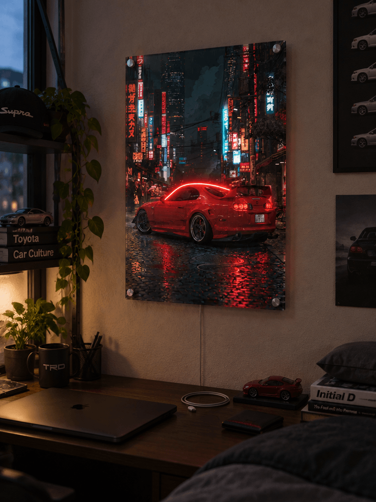 Red sports car night city acrylic wall art above sideboard