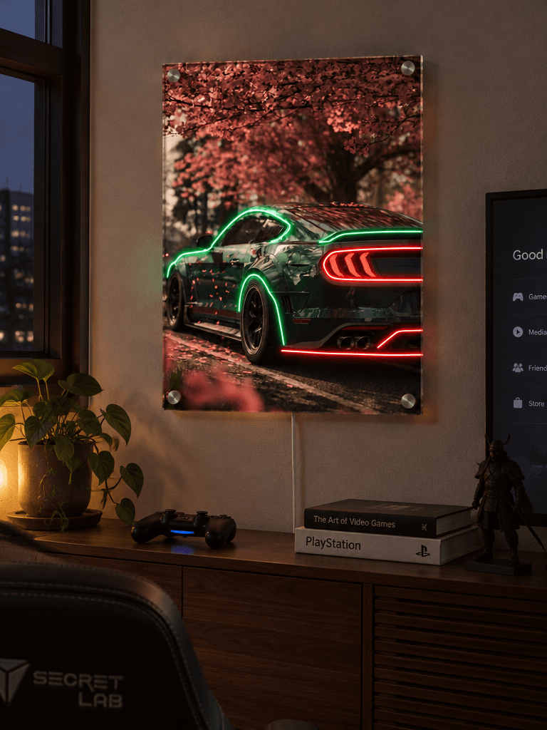 LED neon acrylic wall art of a muscle car under cherry blossoms hung above a gaming setup with controller and ambient lighting.