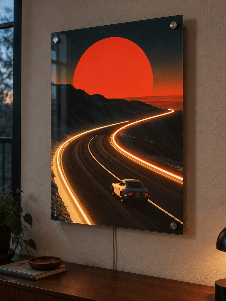 LED neon acrylic wall art of a vintage sports car on a winding mountain road with light trails under a red sun, displayed above a wooden credenza.