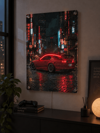 Red sports car night city print in black frame