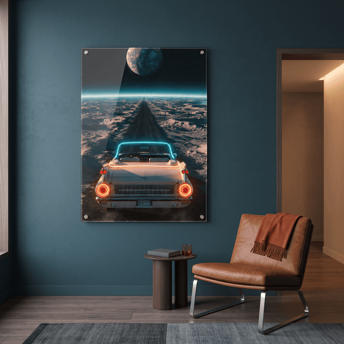 Glowing LED neon acrylic wall art of a vintage convertible cruising on a moon road under starry skies in a modern teal lounge room setup.