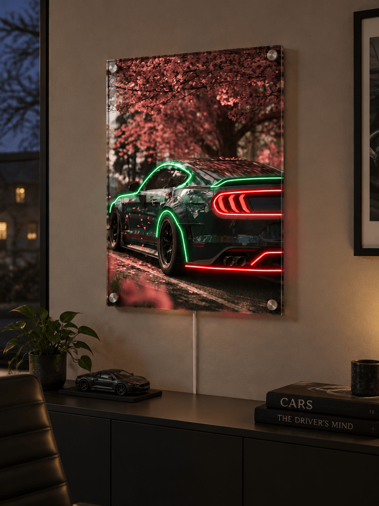 Glowing LED neon acrylic wall art featuring a modern sports car under pink cherry blossom trees displayed in a modern office setup.