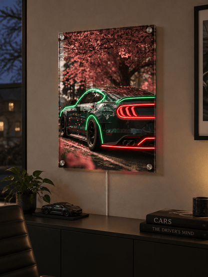 Glowing LED neon acrylic wall art featuring a modern sports car under pink cherry blossom trees displayed in a modern office setup.
