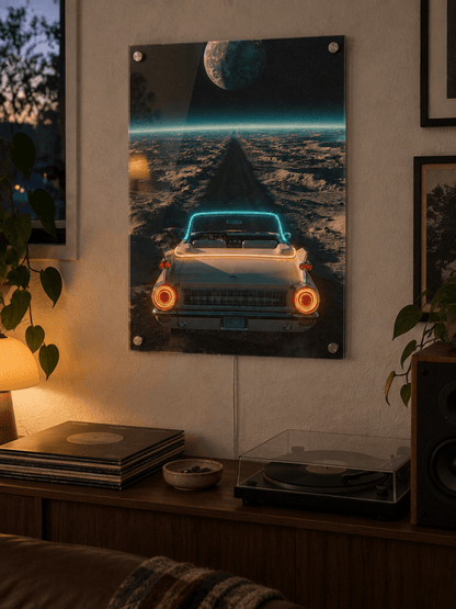 Retro sci-fi LED neon acrylic wall art of a vintage convertible cruising on a moonlit highway under a giant planet, mounted in a listening room.