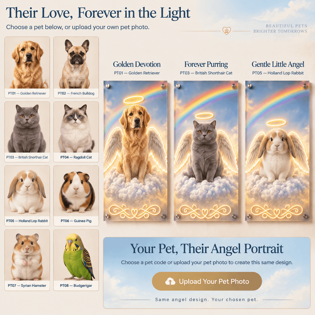 Step 1 guide for custom pet memorial portrait: choose a breed or upload your own pet photo to create an angel pet LED neon sign.