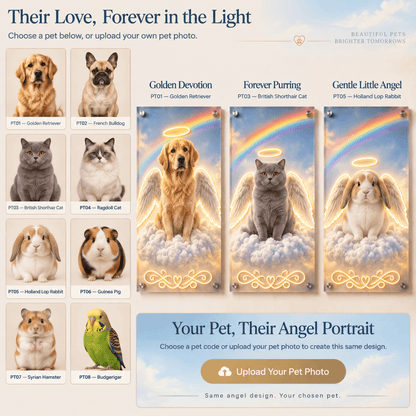 Step 1 guide for custom pet memorial portrait: choose a breed or upload your own pet photo to create an angel pet LED neon sign.