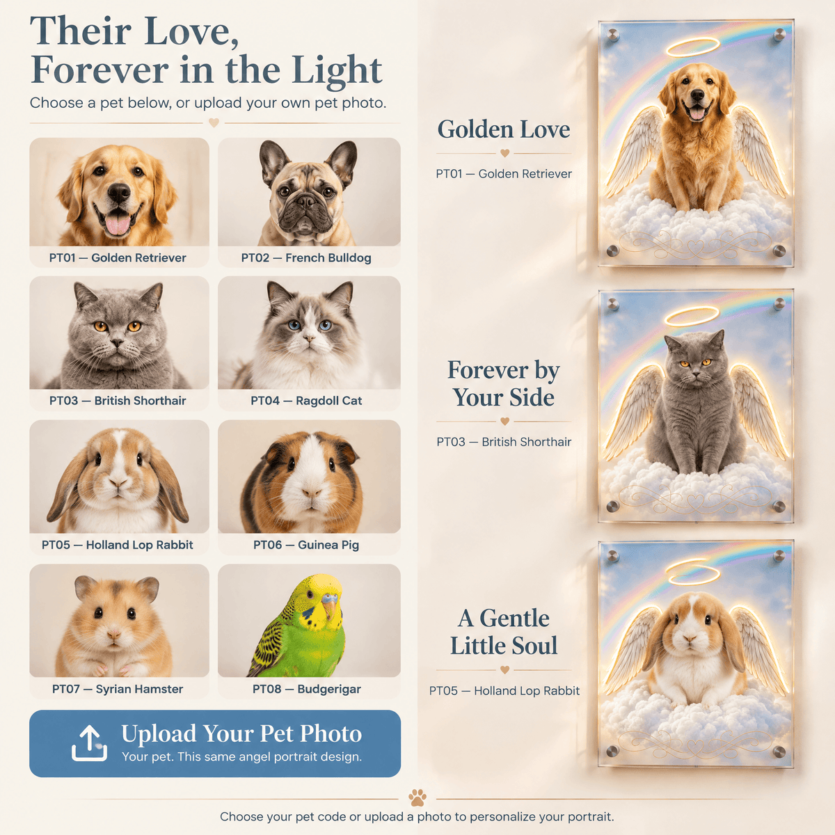 Custom pet memorial LED acrylic sign order guide step 1: choose from pet breeds or upload your own photo for a glowing angel wings portrait.