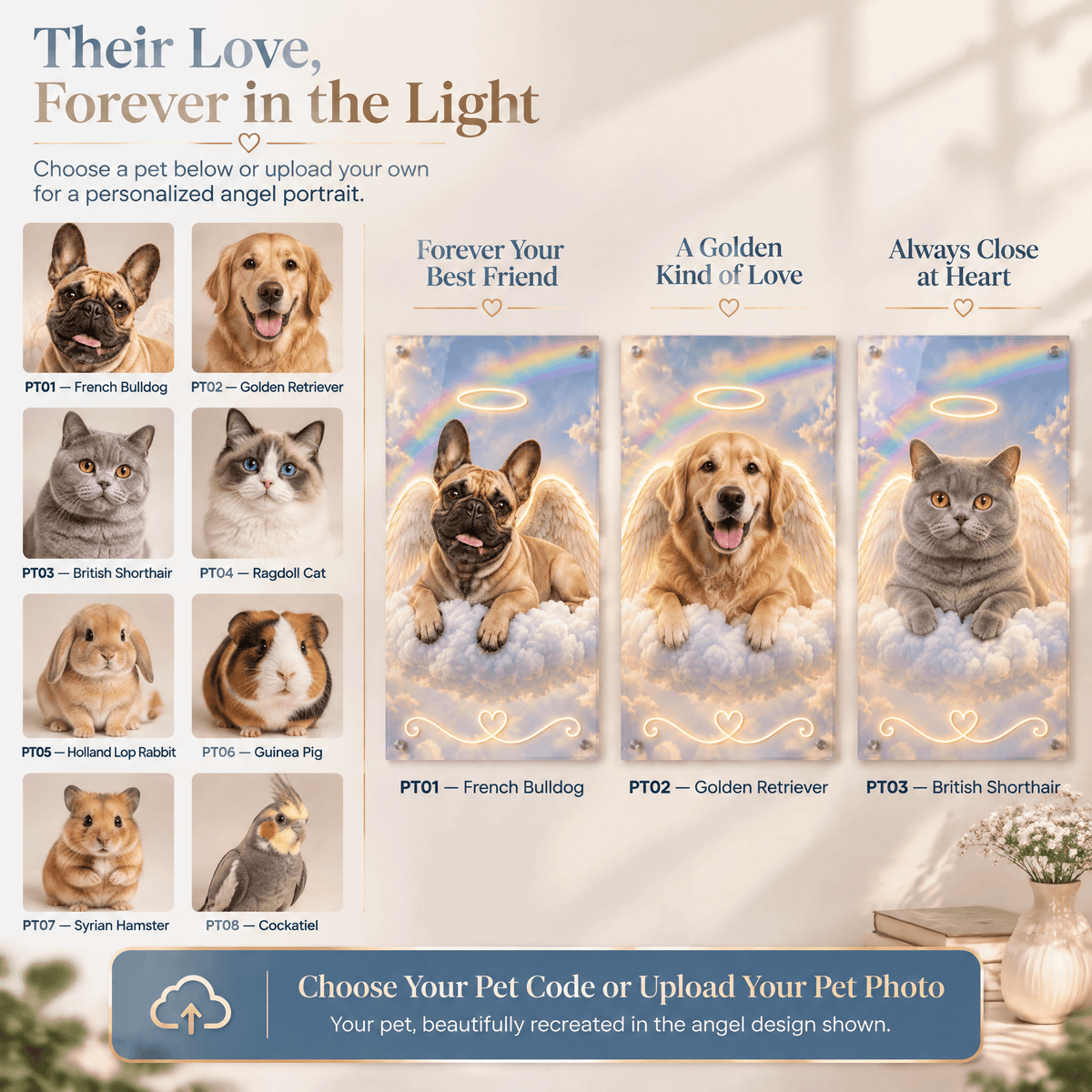 Custom pet memorial neon sign step guide showing pet selection codes and angel halo portrait preview for custom dog, cat, and pet loss gifts.