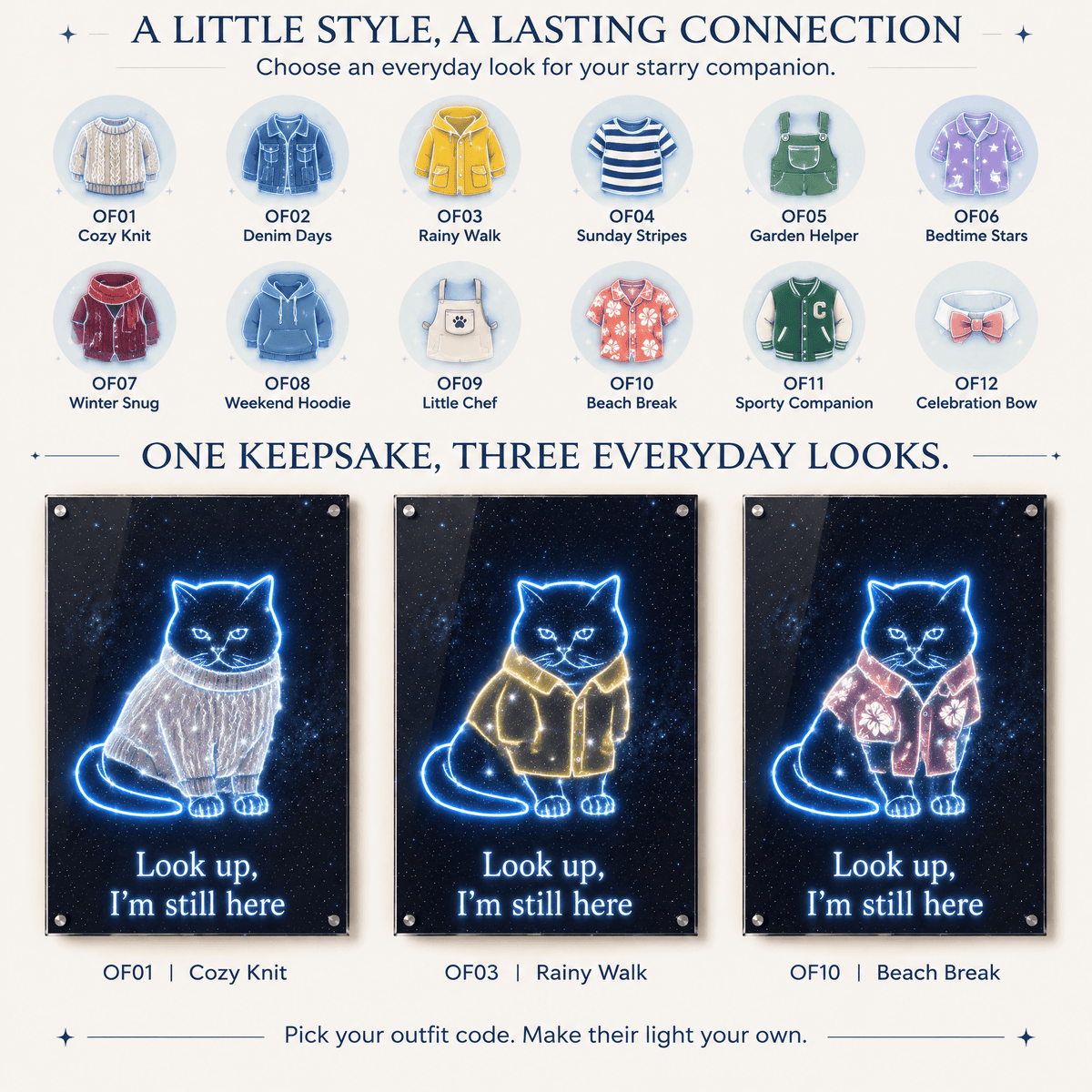 Custom pet memorial neon sign step 2 outfit selection guide, showing 12 clothing styles and sample celestial cat constellation wall art.