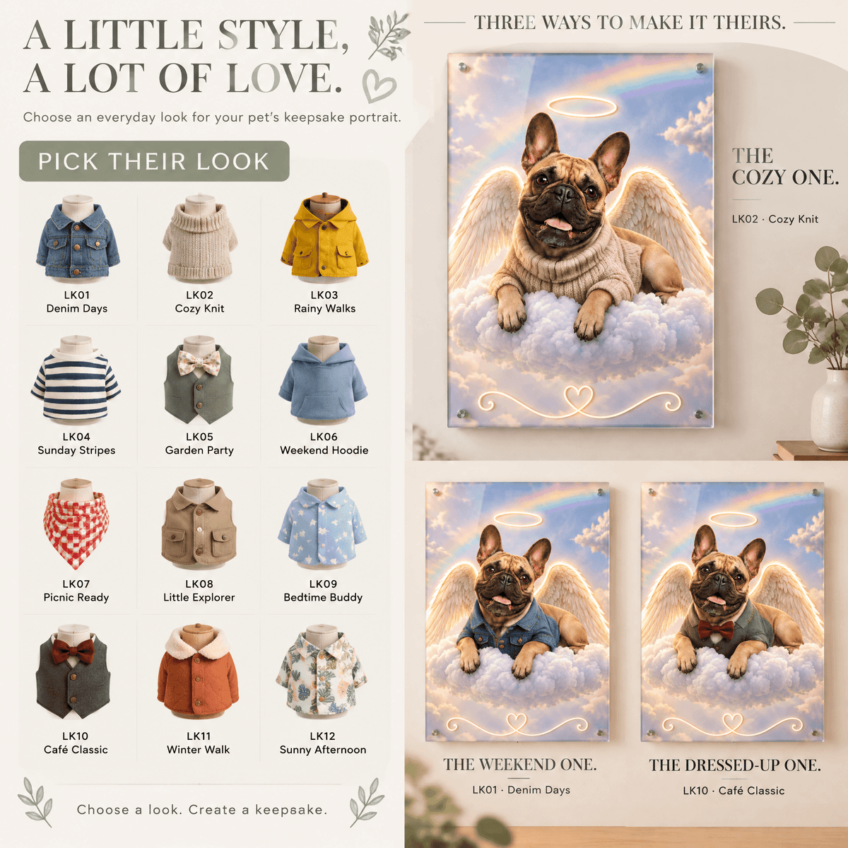 Custom pet portrait guide showing outfit selection options and acrylic memorial sign examples featuring a cute French bulldog angel.